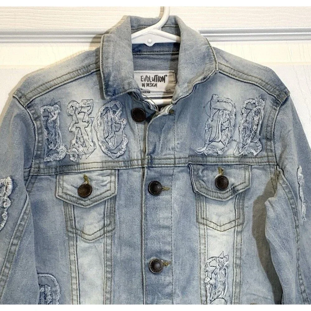 Evolution In Design Denim Jacket Youth Size 5 M Blue Acid Wash Distressed